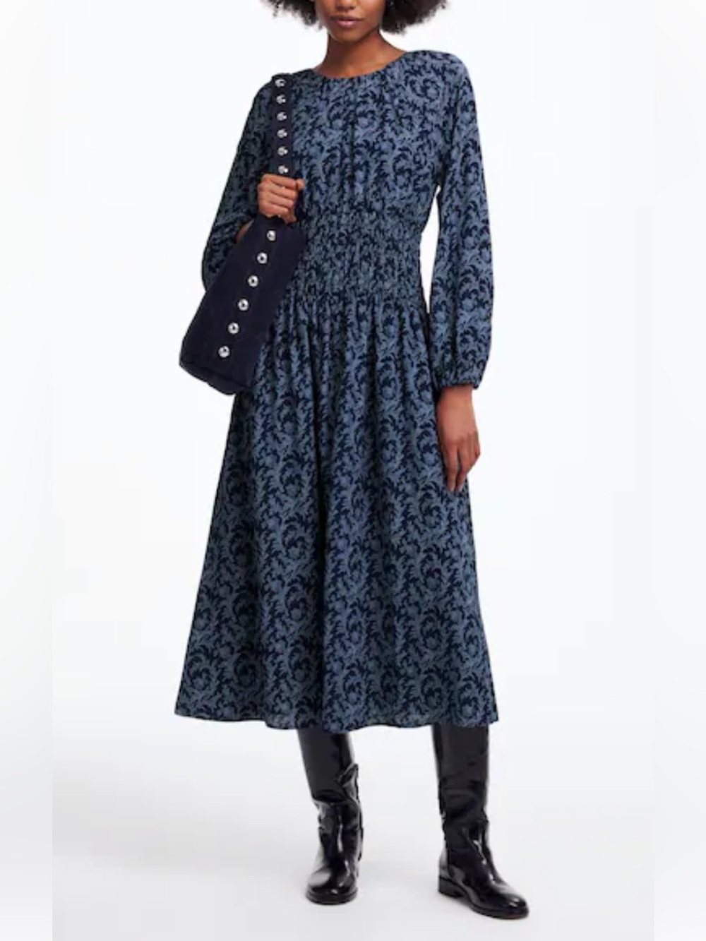 Madewell Navy Blue Floral Bubble-Sleeve Smocked Midi Dress in Floral